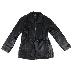 G III Womens Black Leather Long Sleeve Pockets Belted Full‎ Zip Jacket Size M